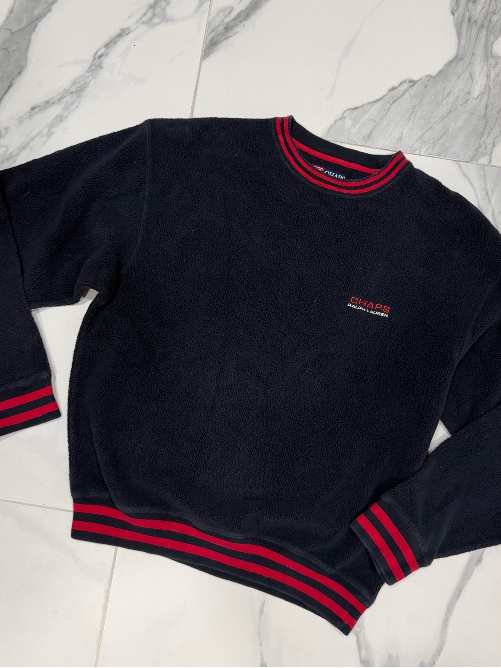 CHAPS Ralph Lauren Men’s M Navy Fleece Crewneck Sweatshirt Red Stripe